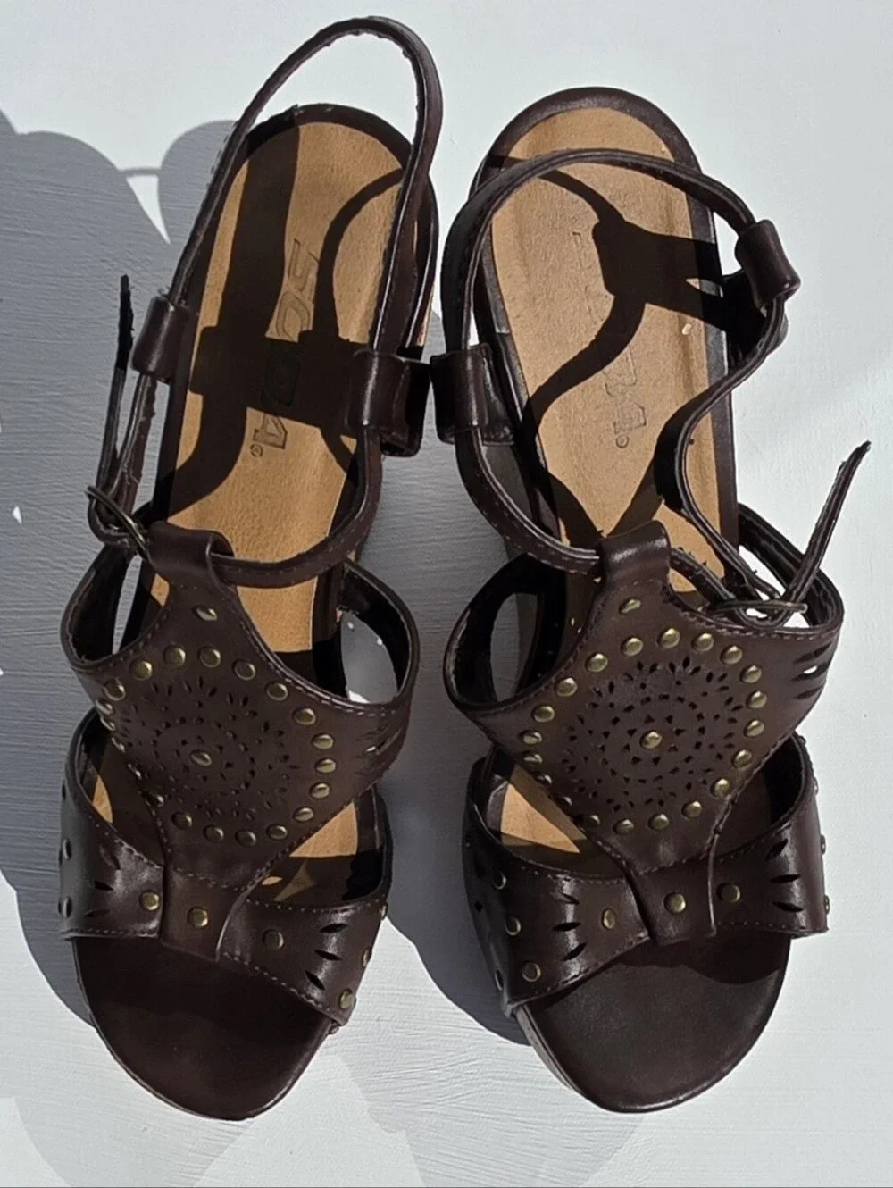 Soda Size 7 Brown Leather-like Wedge Sandals with Stud Detail